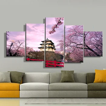 5 Panel Cseresznyevirágzás Japánban, Régi Festmények, Vászon Poszterek, Nyomatok, A Falon Nappali Lakberendezési Képek